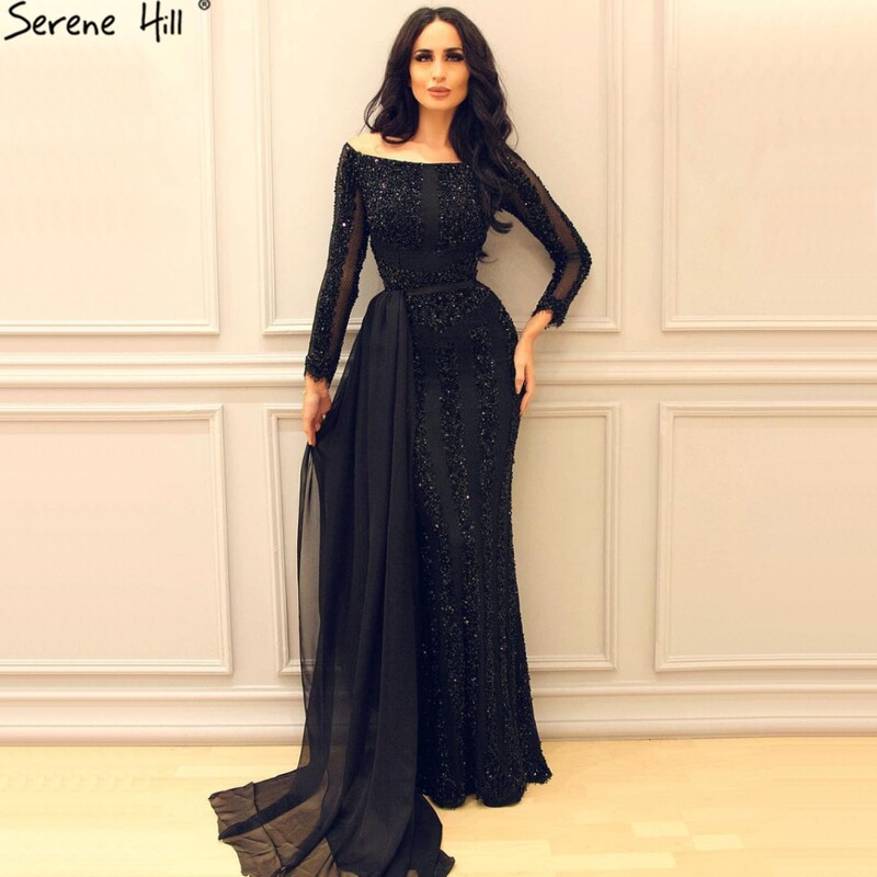 Light Luxury Long Sleeve Sequin Beaded Black Tulle Mermaid Banquet Host Cross Border Performance Evening Dress LA6009