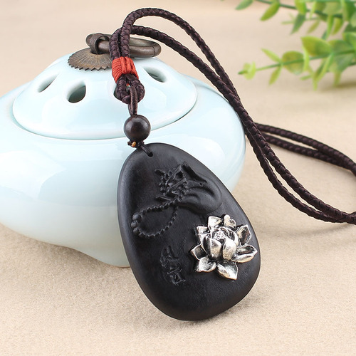 Hollywood-style black sandalwood lotus agate necklace pendant simple versatile cotton linen accessory for men and women Buddha-style necklace