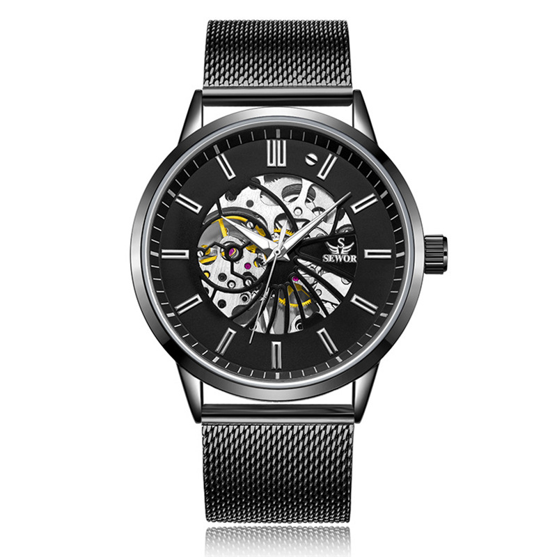 SEWOR moda de los hombres Milán malla reloj mecánico automático de negocios reloj mecánico hueco-fuera reloj transparente 1827