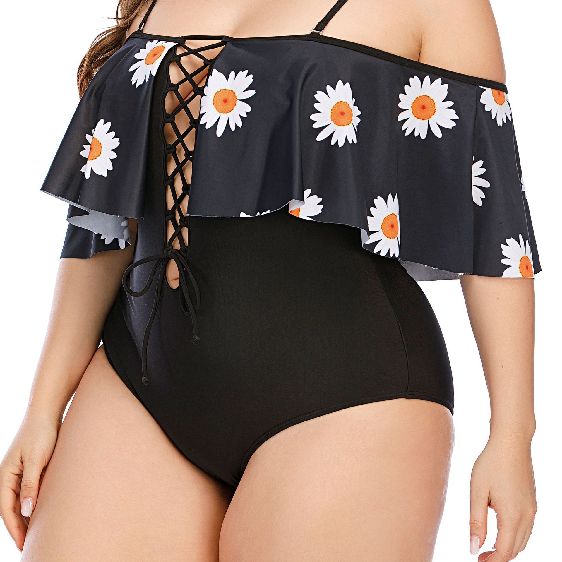 plus size print sling hollow lace-up ruffled one-piece swimsuit NSJHD125121