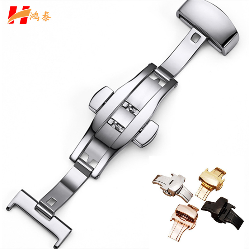 现货促销 光面实心不锈钢表扣 双按自动弹开蝴蝶皮表带表扣