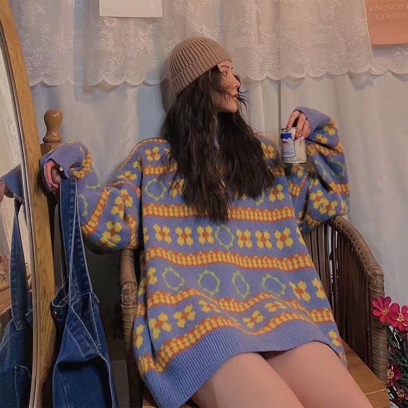Retro Striped Knitted Sweater Blue