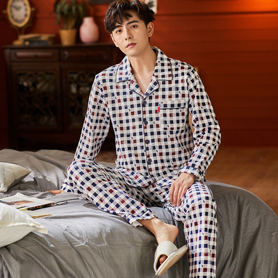 man lattice Home Furnishings Spring and autumn payment Middle and old age pajamas comfortable knitting cotton material Two piece set goods in stock wholesale