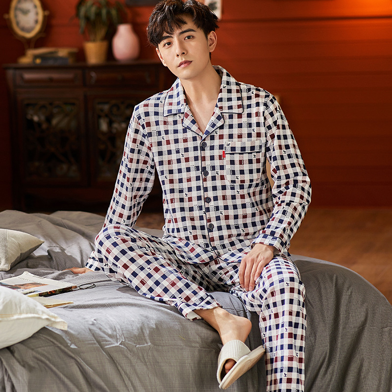 man lattice Home Furnishings Spring and autumn payment Middle and old age pajamas comfortable knitting cotton material Two piece set goods in stock wholesale
