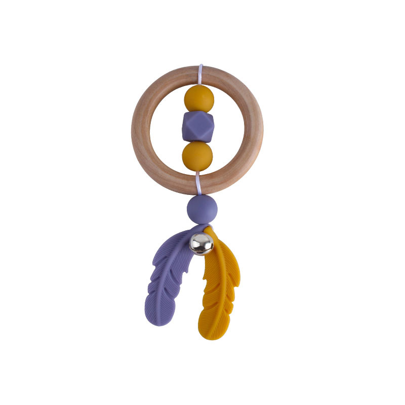 Nueva historieta DIY Hemu anillo de mano sonajero juguete mordedor infantil cuentas de plumas de silicona dientes de molienda palo