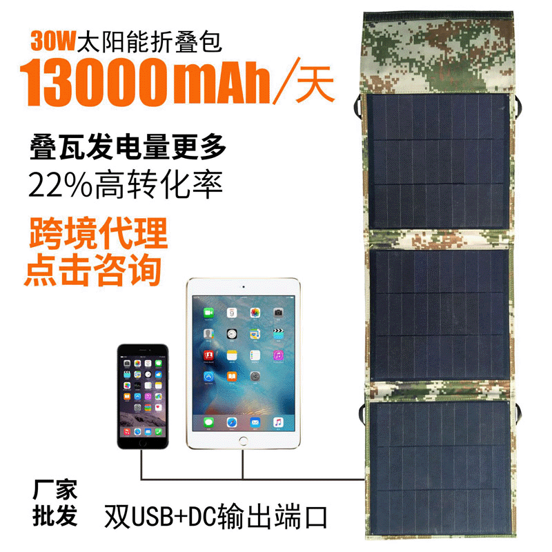 疊瓦太陽能折疊充電板華爲手機充電寶快充旅行戶外30W光伏發電板