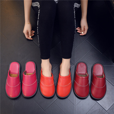 新款海甯皮拖鞋冬季牛筋底情侶真皮拖鞋男女居家牛皮棉拖鞋批發