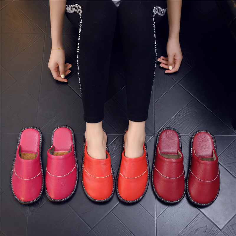 新款海甯皮拖鞋冬季牛筋底情侶真皮拖鞋男女居家牛皮棉拖鞋批發