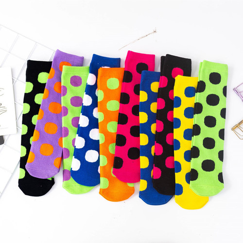 Children's socks, straight without heel, large polka dots, versatile mid-calf socks for children of all sizes, bright candy color with cotton socks