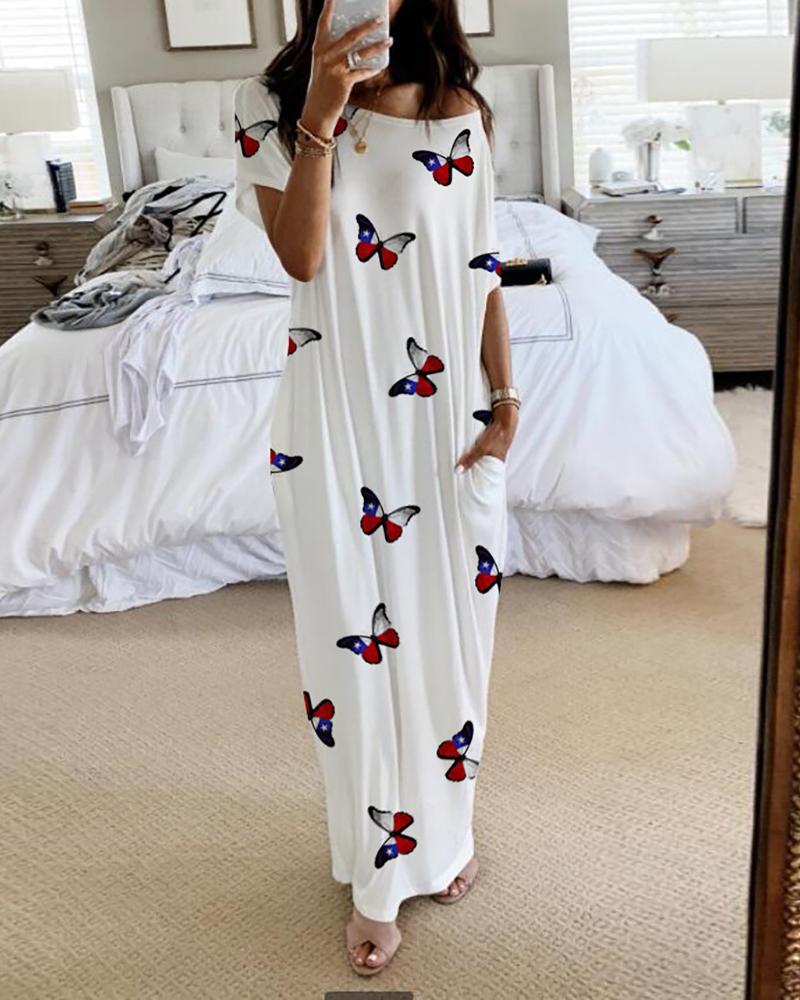 new women's butterfly print short-sleeved long dress_mkmklike.com