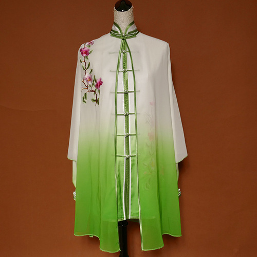 Tai chi clothing chinese kung fu uniforms Men and women Embroidery team elegant competition of gradient green Taifu shows a three piece suit with green and white transition