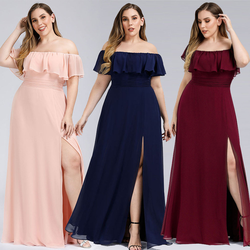 Sweet One-word Collar Solid Color Dress Quality Chiffon Open-shoulder Ruffled Split Large Size Spring and Autumn Evening Dress for Women