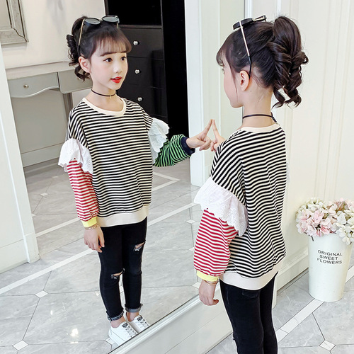 Girls long-sleeved T-shirt 2024 new spring and autumn style striped versatile tops contrasting color stitching girls T-shirt trendy