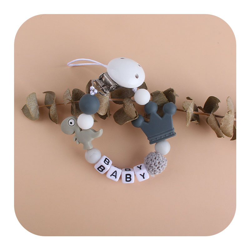 Hemu clip de silicona calmante Cadena de chupete corona mordedor cadena anti-caída pequeña cadena de silicona de dinosaurio Cadena de chupete suministros para bebés