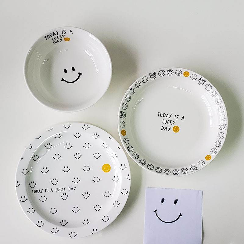 Lucky Creative Smiley Ceramic Plate Vintage ins English Alphabet Breakfast Plate Salad Dessert Bowl Dinner Plate Dish Deep Plate