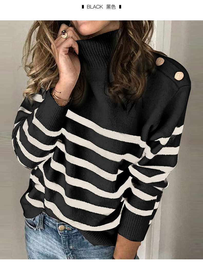 striped button decoration long-sleeved high-neck pullover sweater NSSI2969