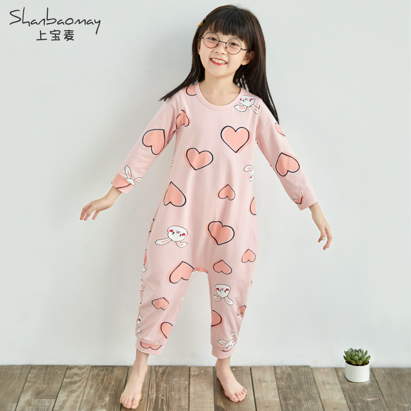 SHANGBAOMAI 봄 가을 신작 아동 원피스 잠옷, 여아 잠옷, 긴팔 원피스 잠옷, 가정복, 발길질 방지 및 감기 예방