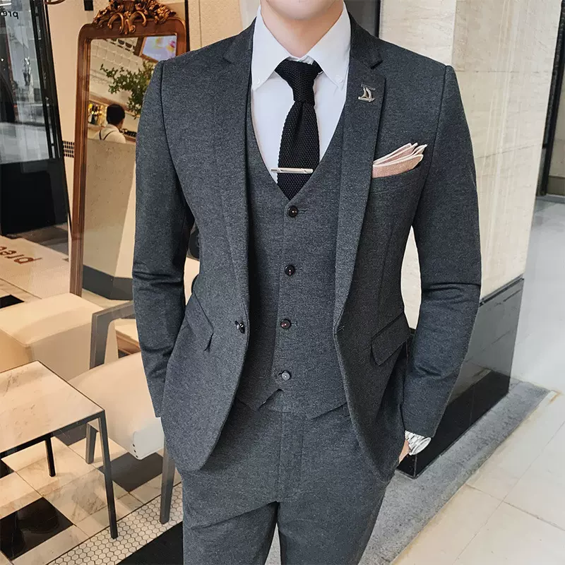秋冬款英伦西服绅士商务西服套装男士青年韩版修身弹性西服三件套