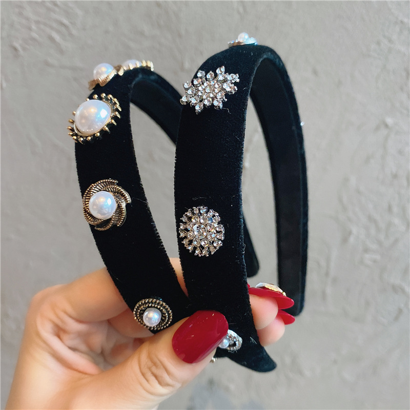 Corea del Sur Dongdaemun terciopelo diadema Chanel Estilo Vintage rhinestone diadema Internet celebridad dulce negro Super hadas accesorios para el cabello adulto