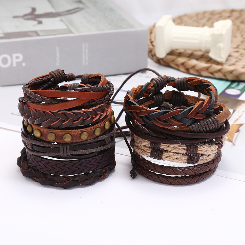 Punk style retro multi-layer leather 10 piece set braided bracelet hand rope