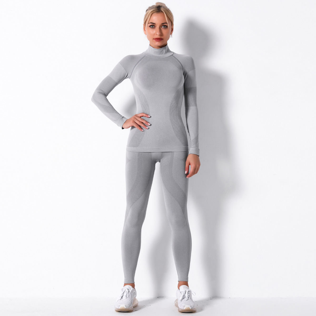 seamless knitted striped sports yoga long-sleeved two-piece suit  NSLX9020