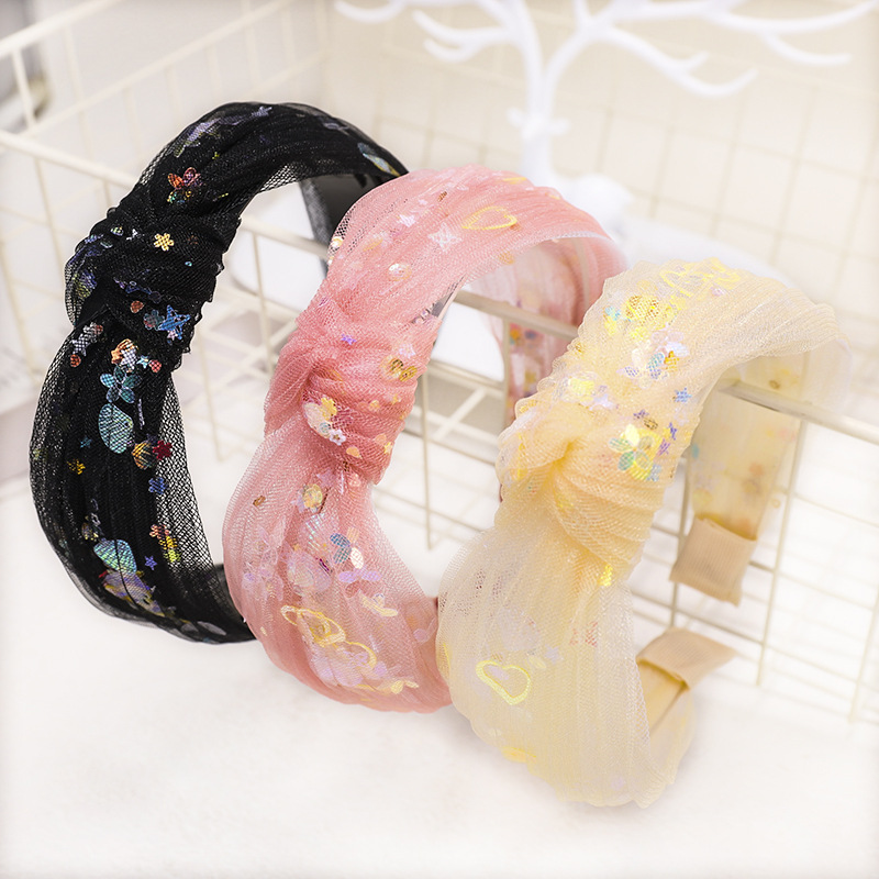 Korean New Fashion Wild Mesh Yarn Sequins Love Knotted Headband Lace Cheap Headband Wholesale display picture 3