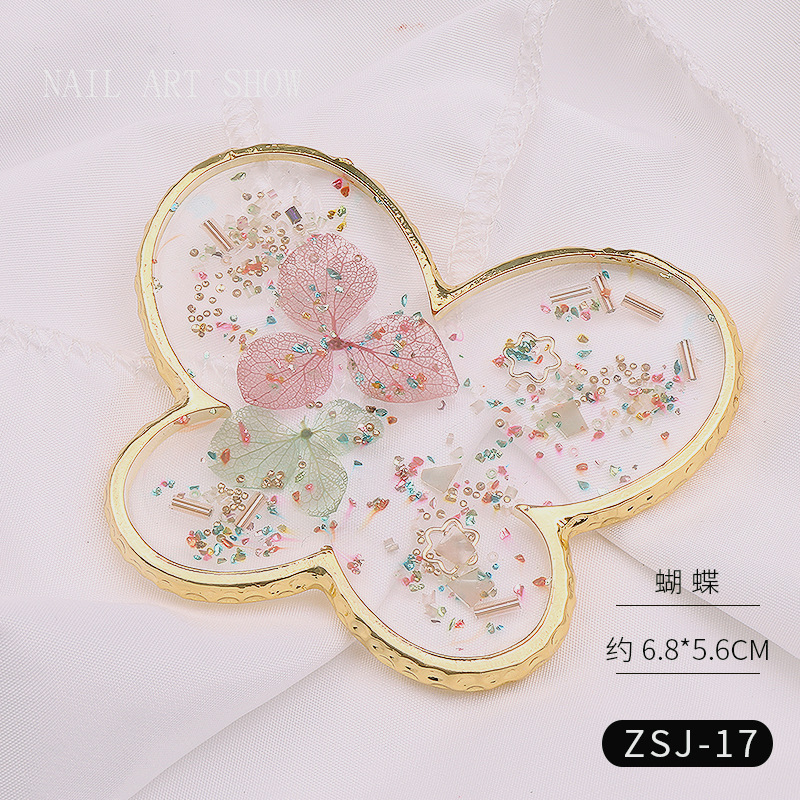 Nail ágata transparente resina borde dorado flor seca Shell lentejuelas mariposa Pentagram amor paleta placa herramienta de la joyería