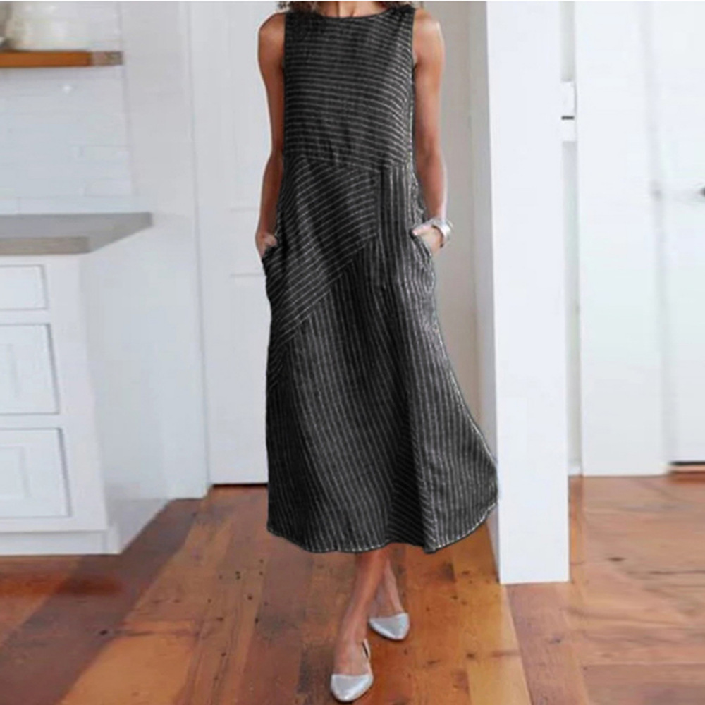 Women's Straight Skirt Casual Round Neck Printing Pocket Sleeveless Stripe Solid Color Midi Dress Daily display picture 3