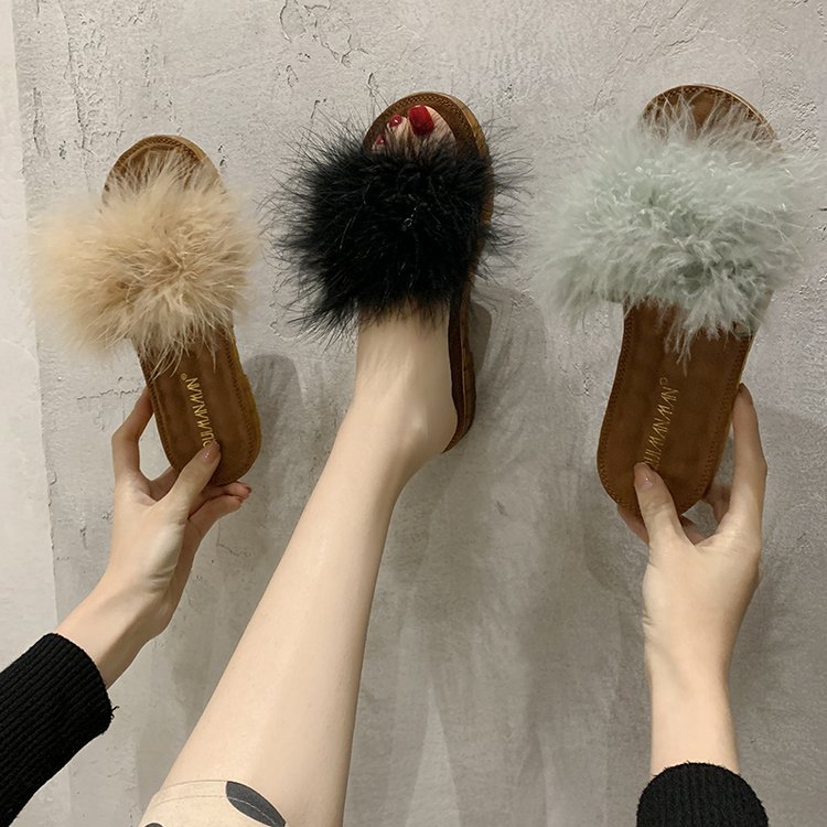 涼拖鞋女2020新款韓版毛毛低跟壹字拖女時尚百搭沙灘鞋拖鞋女外穿