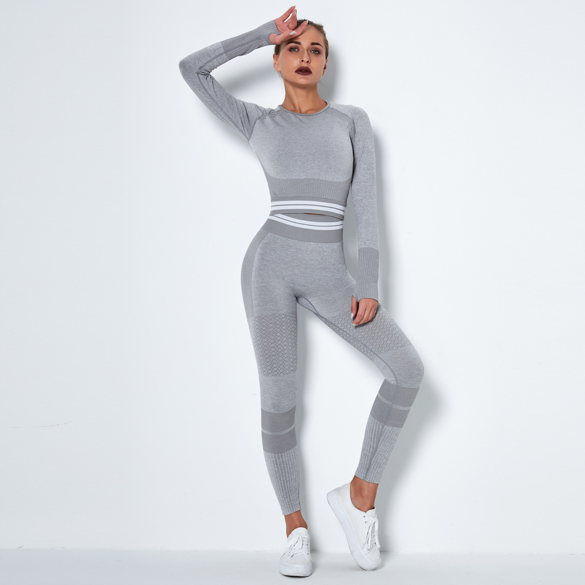 seamless knitted quick-drying long-sleeved striped two- piece fitness suit NSLX8991