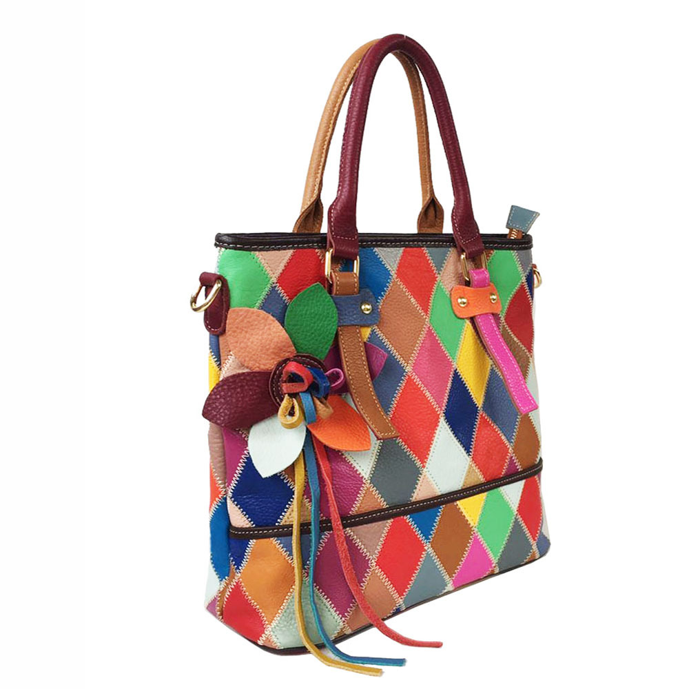 Damen Handtasche Aus Echtleder, Bunte Beuteltasche Mit Muster_voghion.com