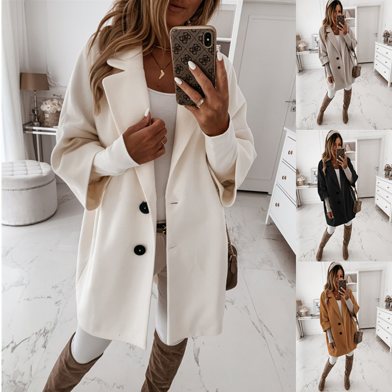 Autumn and Winter Three-quarter Sleeve Button Lapel Pocket Woolen Jacket Women