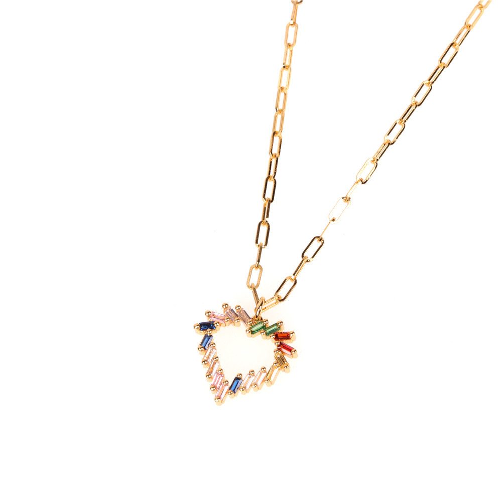 new fashion simple style  thick chain necklace color zircon hollow heart love pendant hip-hop stainl