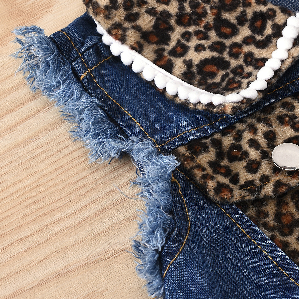 Flickset ärmlös jeansöverdel och shorts med leopardmönster_voghion.com