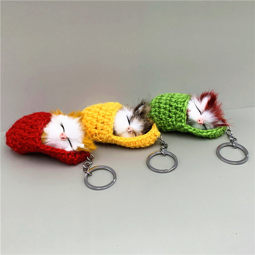 Cute sleeping cat key chain slippers cat plush bag pendant car key chain simulated animal small gift
