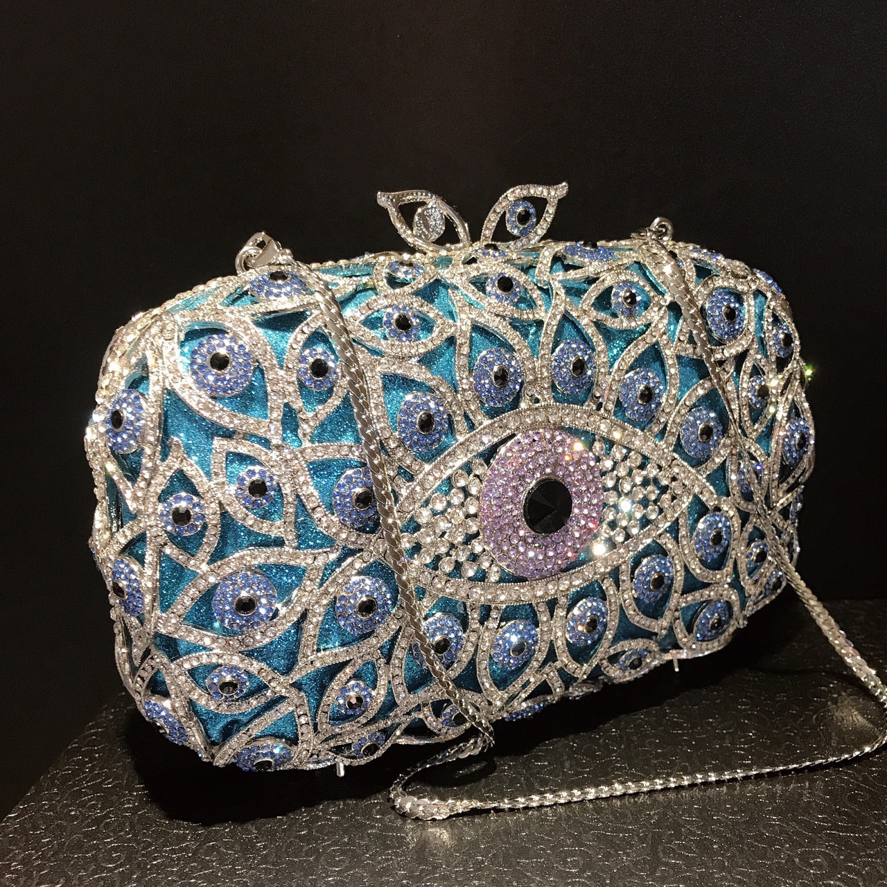 Túi clutch nữ đính kim cương dạ tiệc kiểu vuông nhỏ — Màu xanh lam chi tiết 4