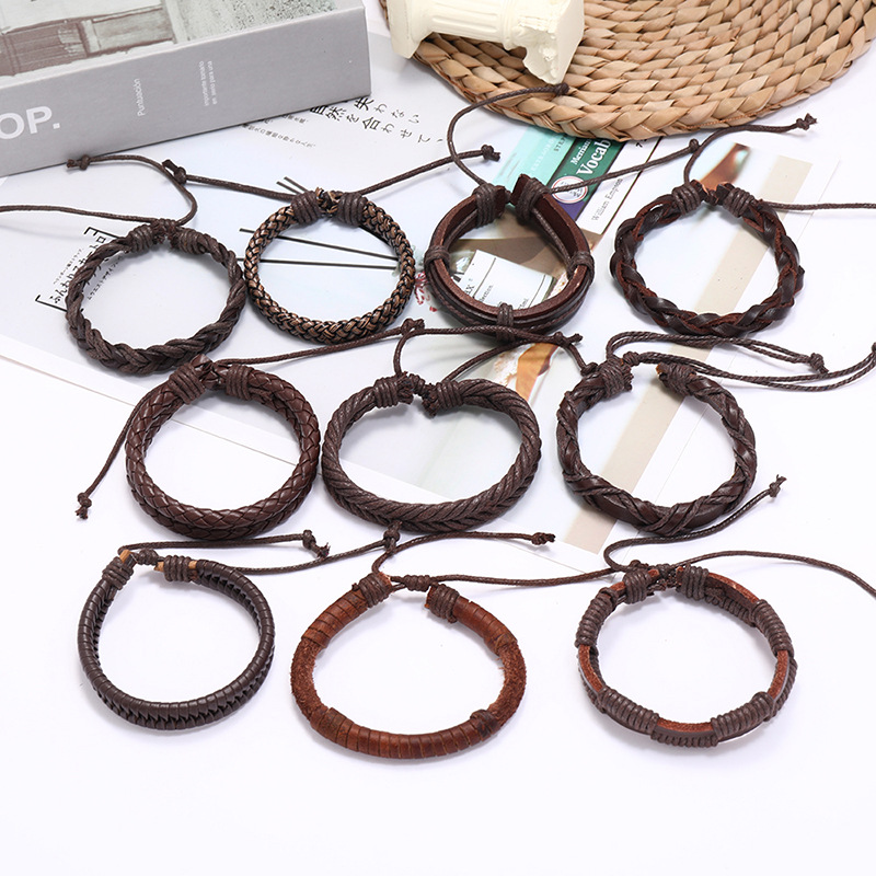 Fashion new retro woven mix and match simple multi-layer adjustable cowhide suit bracelet