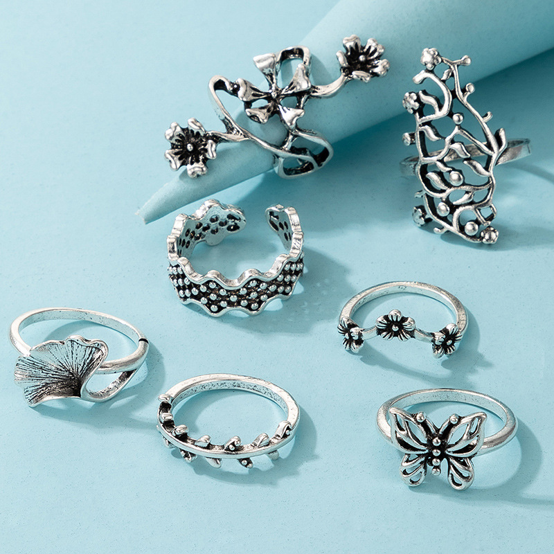 Bohemia Leaves Flower Butterfly Rings 7-piece Set display picture 5