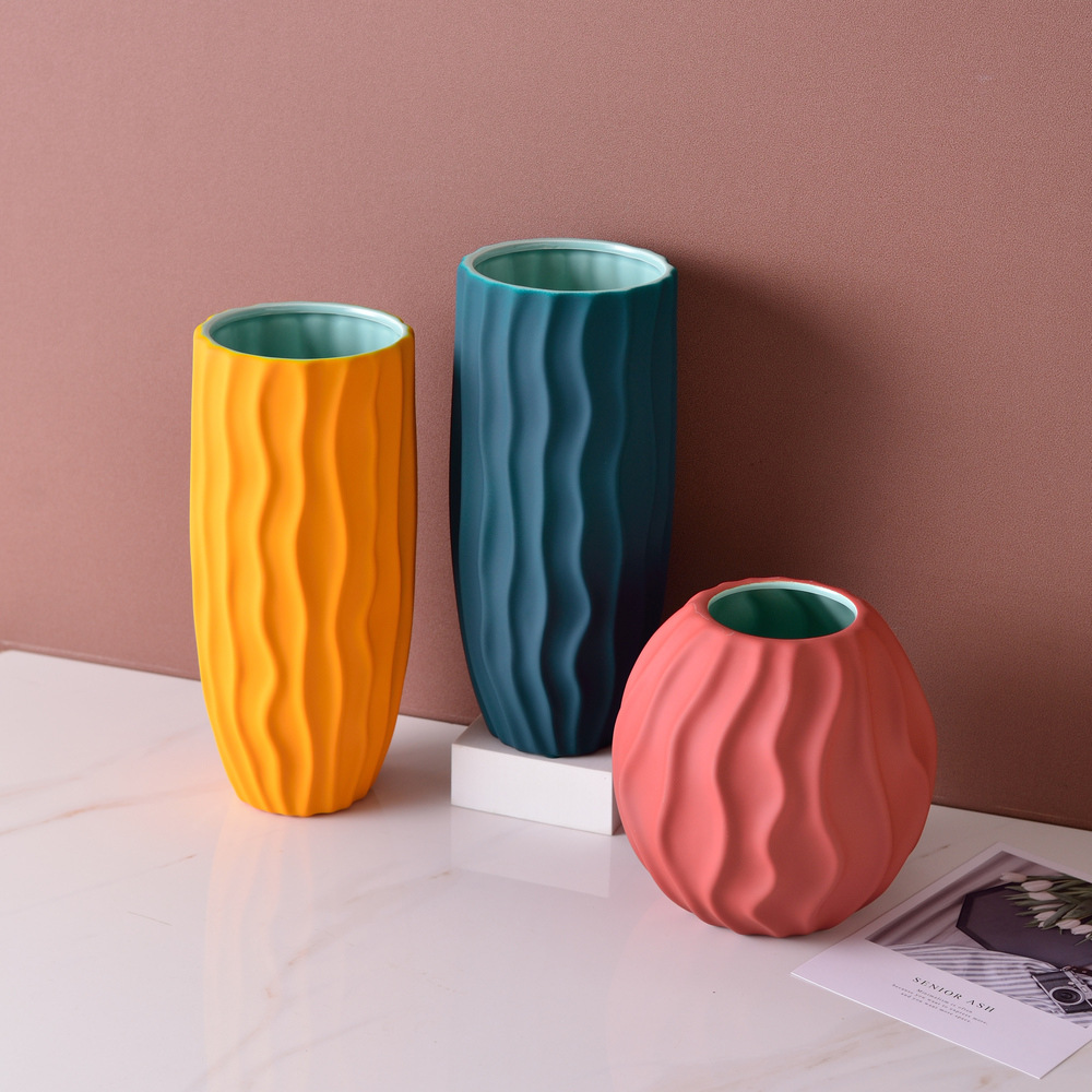 简奢约莫兰迪黄绿红色陶瓷花瓶花器家居软装饰品样板房工艺品|ms