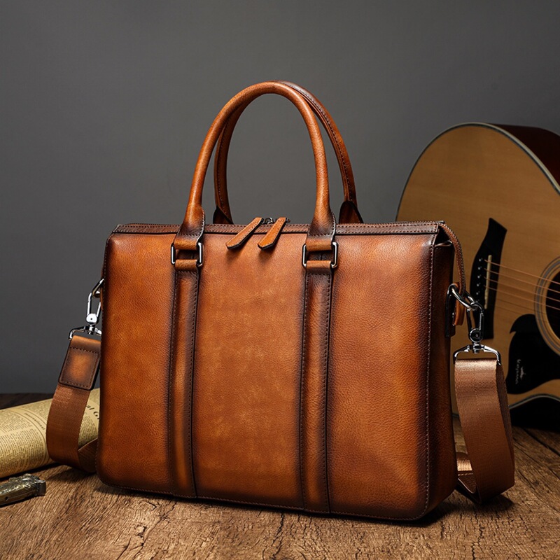 Summer New Product Vegetable Tanned Leather First Layer Cowhide Handmade Men's Briefcase