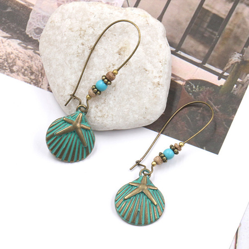 2pairs Retro alloy earrings female long round turquoise ethnic style earrings European and American popular ear hook jewelry