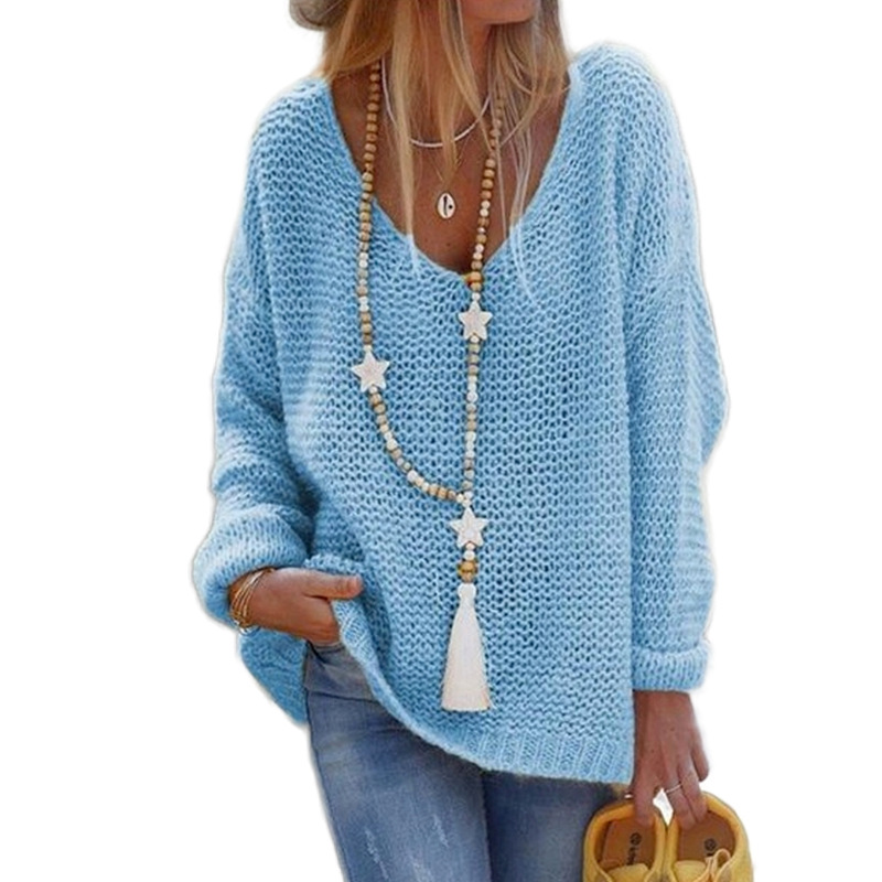 Damen-Strickpullover, V-Ausschnitt, langärmelig, Strickoberteil, Pullover_voghion.com