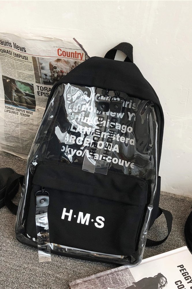 夏季新款韓版潮港風復古個性學生透明印花字母雙肩包書包收納包休閒包外出包旅行包~UI3423