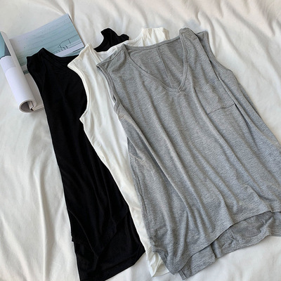 Korean Edition leisure time Versatile Easy Lazy Solid pocket Sleeveless vest summer Large Show thin