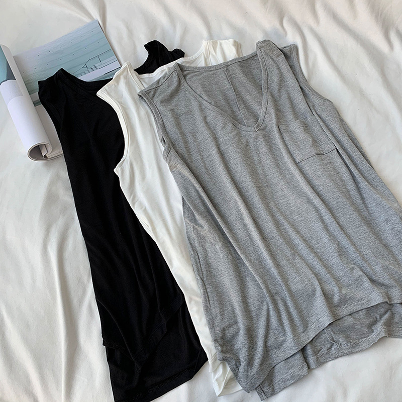 Korean Edition leisure time Versatile Easy Lazy Solid pocket Sleeveless vest summer Large Show thin