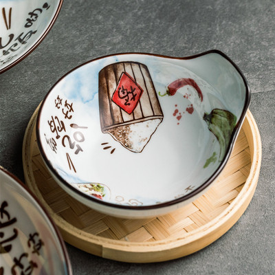厂家直销 日式和风机印釉下彩陶瓷餐具酱料味碟调味碗4.5寸把手碗