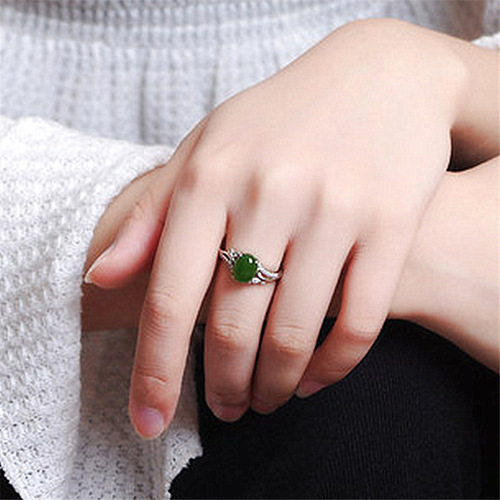 Natural Hetian jade jasper silver plated emerald open ring cabochon emerald green chalcedony ring