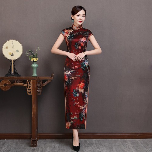 Women Chinese Dresses red floral silk cheongsam Dress women's red long cheongsam retro performance dress