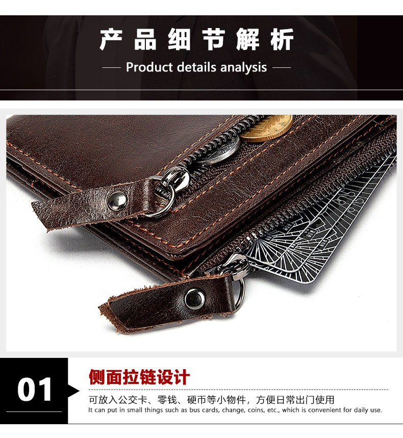 Ví nam da bò thật dạng đứng có khóa kéo, nhiều ngăn đựng thẻ và tiền xu, 9×1,5×11 cm — Cà phê, Cà phê đậm, Màu đen chi tiết 17