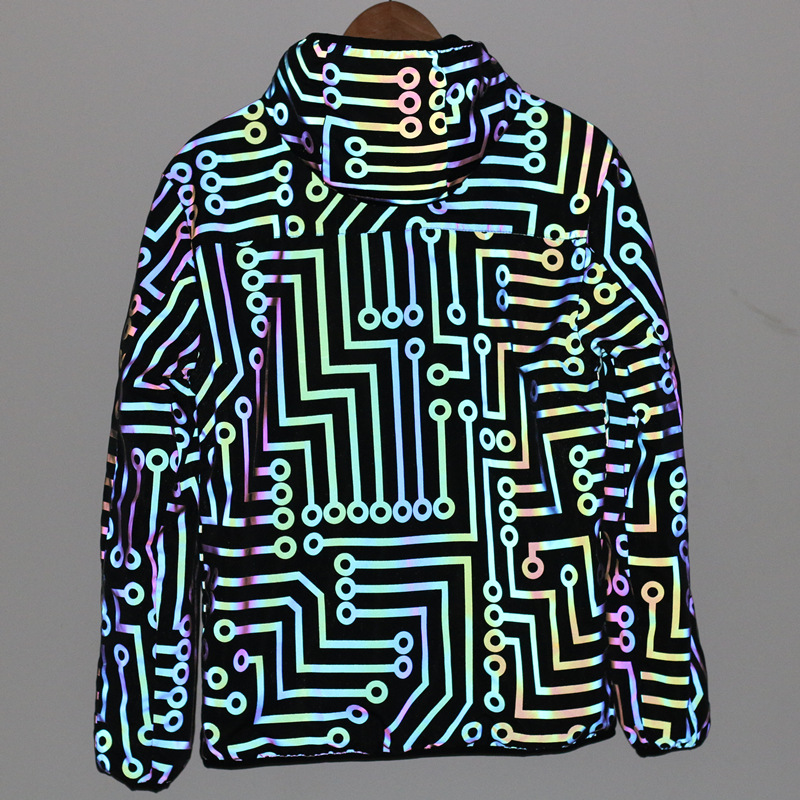 Men's Jacket Reflective Laser Circuit Pattern Hooded Windbreaker_voghion.com